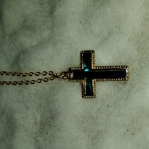 Paua Shell Cross Pendant Gold Tone Chain Necklace